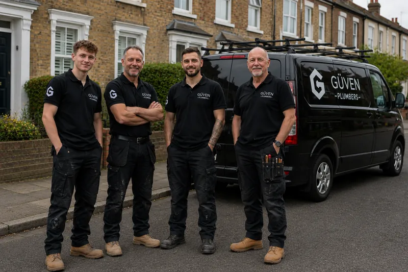 Güven Plumbers team in branded workwear beside a black company van
